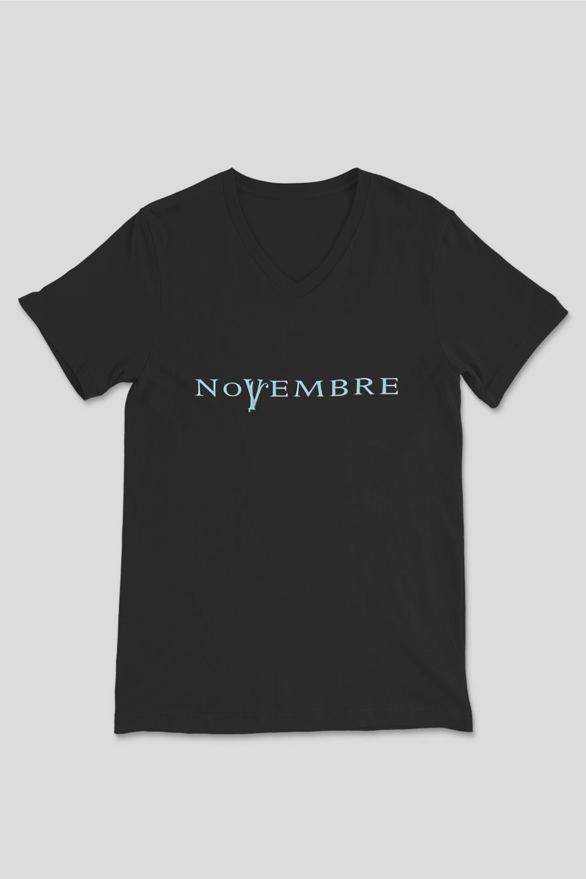 Novembre Baskılı Unisex Siyah V Yaka Tişört - Tshirt