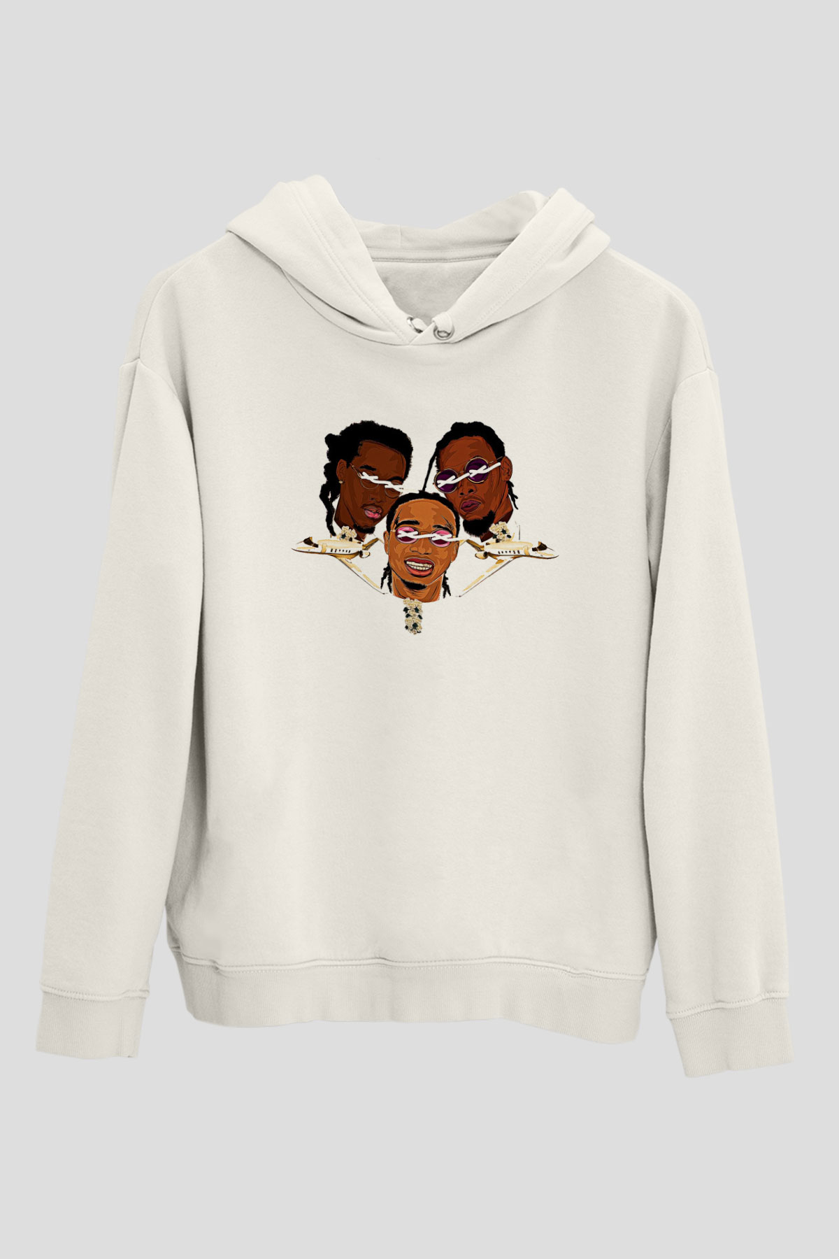 Offset Baskılı Beyaz Unisex Kapüşonlu Sweatshirt