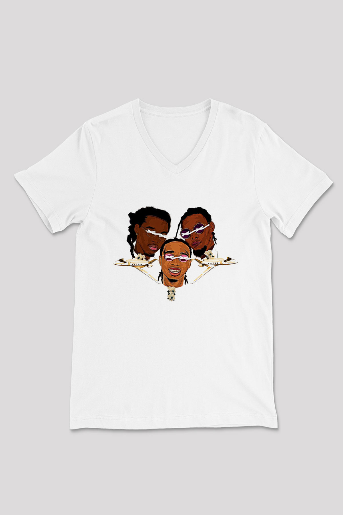 Offset Baskılı Beyaz Unisex V Yaka Tişört - Tshirt