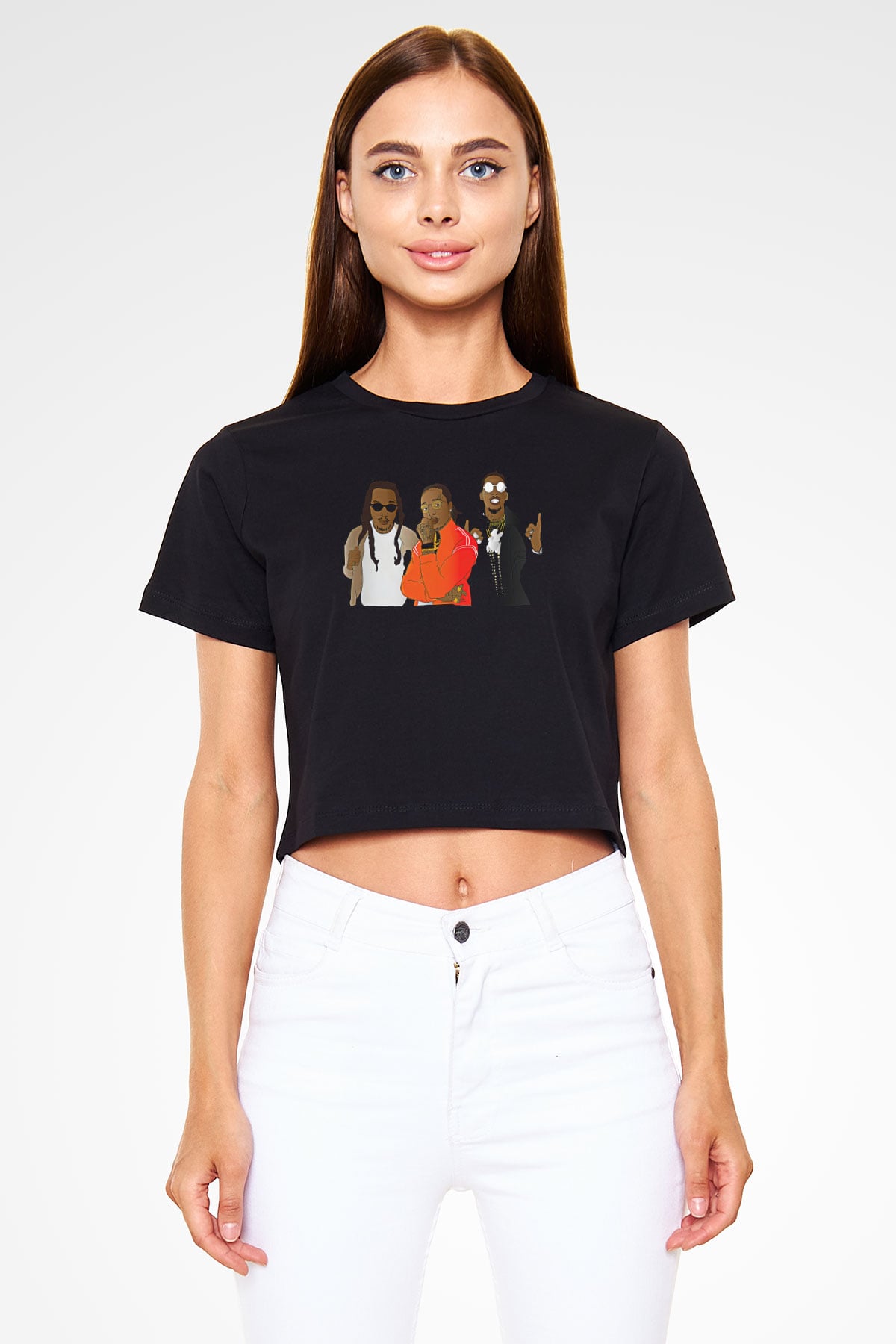 Offset Baskılı Siyah Crop Top Kadın Tişört - Tshirt