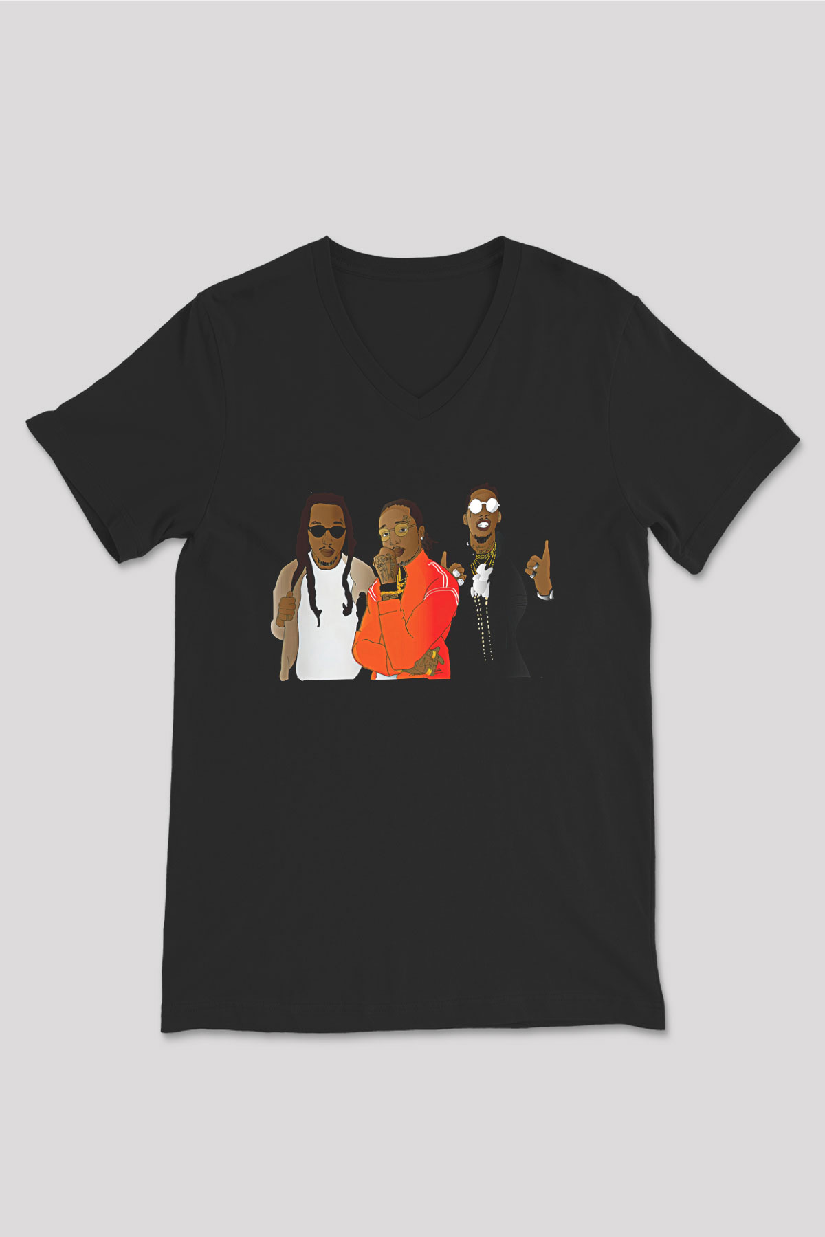 Offset Baskılı Unisex Siyah V Yaka Tişört - Tshirt