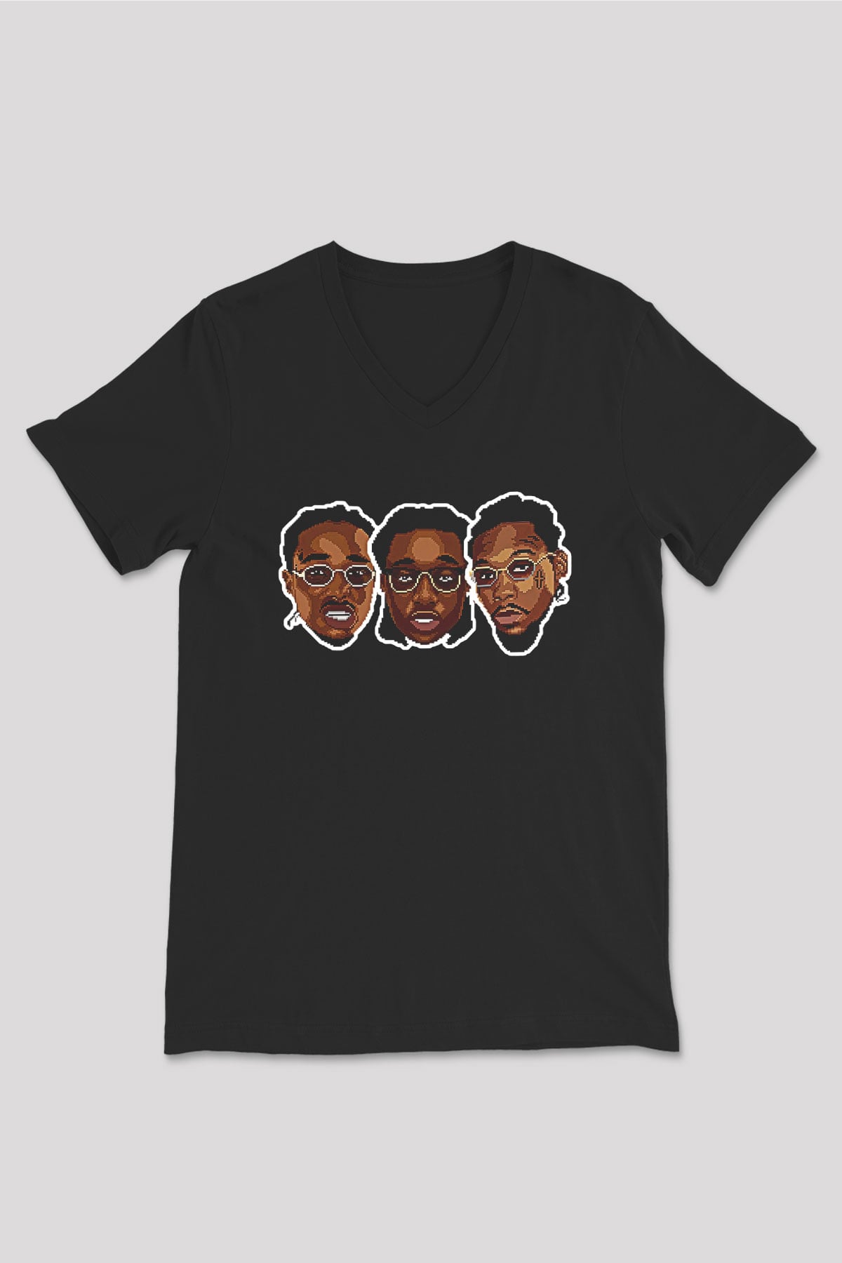 Offset Baskılı Unisex Siyah V Yaka Tişört - Tshirt