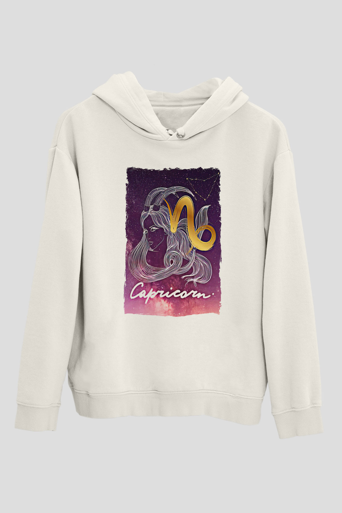 Oğlak Burcu Baskılı Beyaz Unisex Hoodie