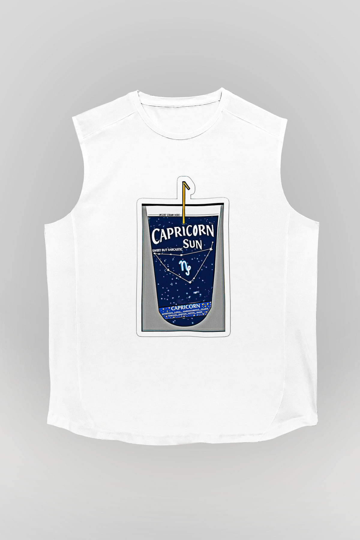 Oğlak Burcu Baskılı Beyaz Unisex Kolsuz Tişört - Tshirt