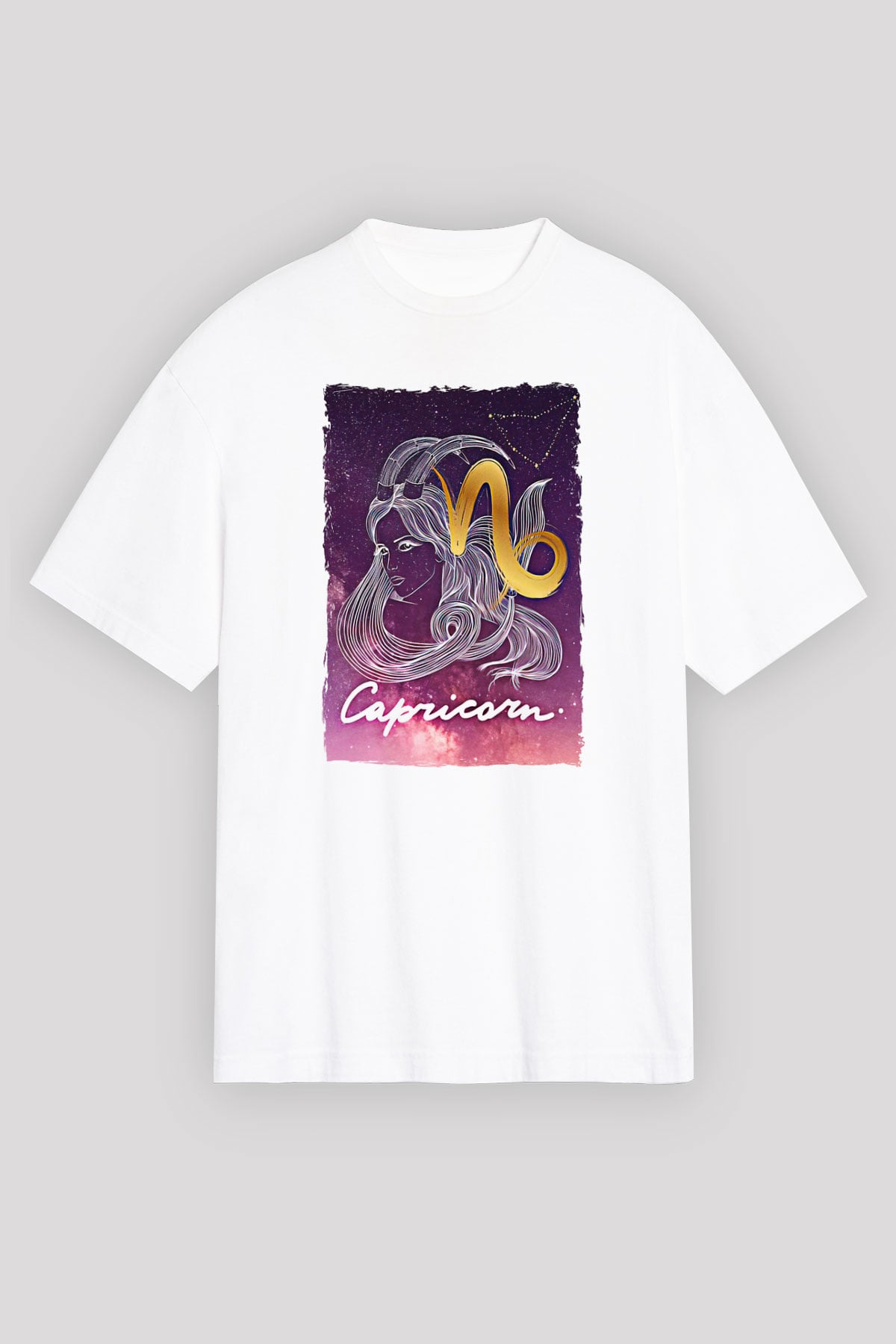 Oğlak Burcu Baskılı Beyaz Unisex Oversize Tişört - Tshirt
