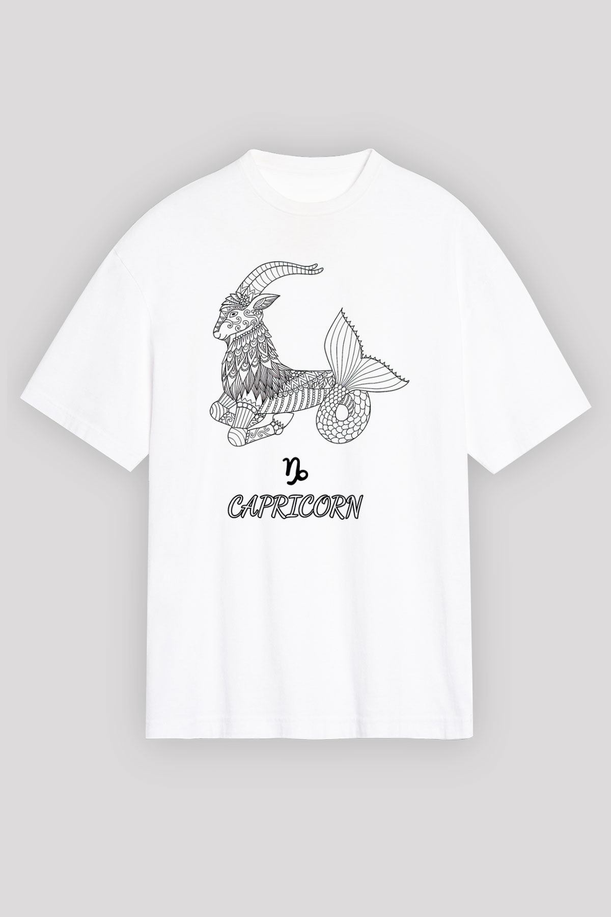 Oğlak Burcu Baskılı Beyaz Unisex Oversize Tişört - Tshirt