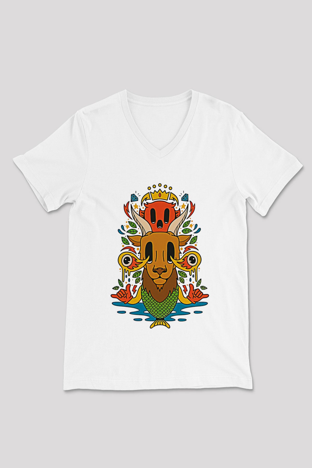 Oğlak Burcu Baskılı Beyaz Unisex V Yaka Tişört - Tshirt