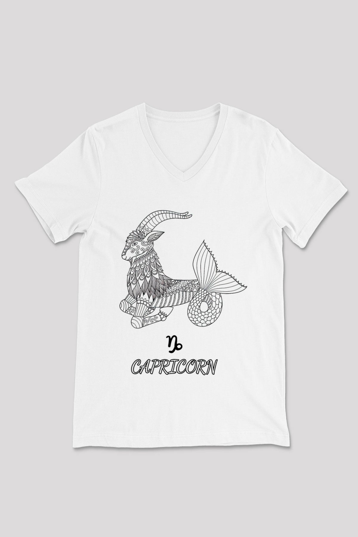 Oğlak Burcu Baskılı Beyaz Unisex V Yaka Tişört - Tshirt