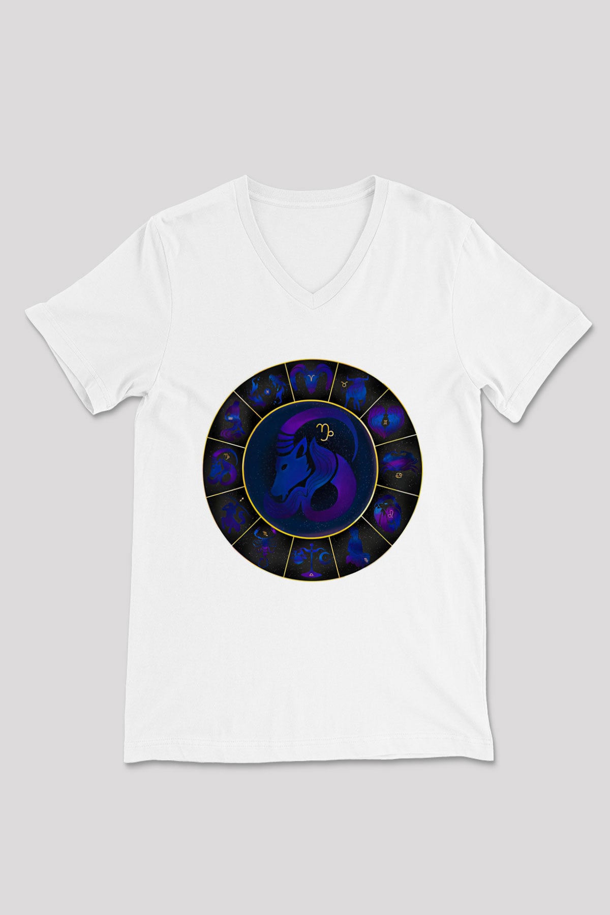 Oğlak Burcu Baskılı Beyaz Unisex V Yaka Tişört - Tshirt