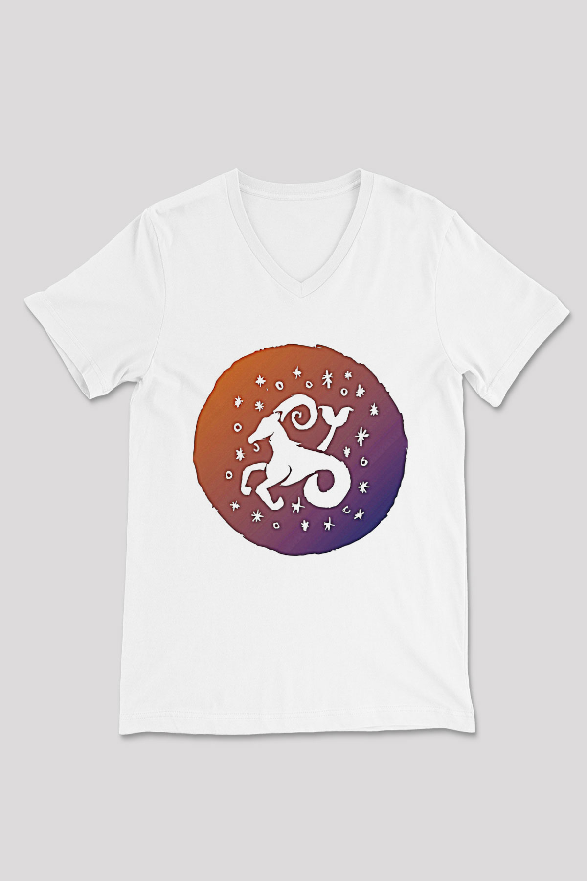 Oğlak Burcu Baskılı Beyaz Unisex V Yaka Tişört - Tshirt
