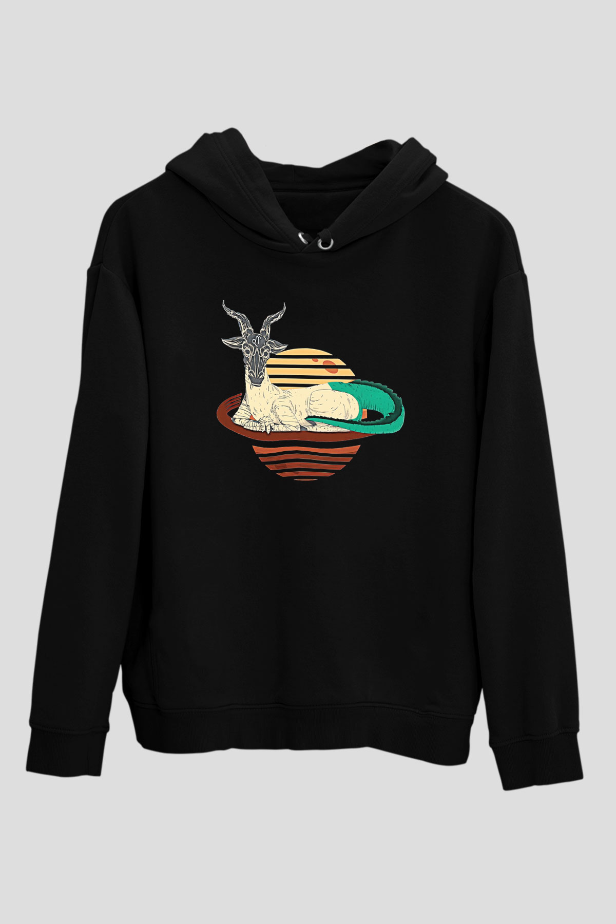 Oğlak Burcu Baskılı Unisex Siyah Hoodie