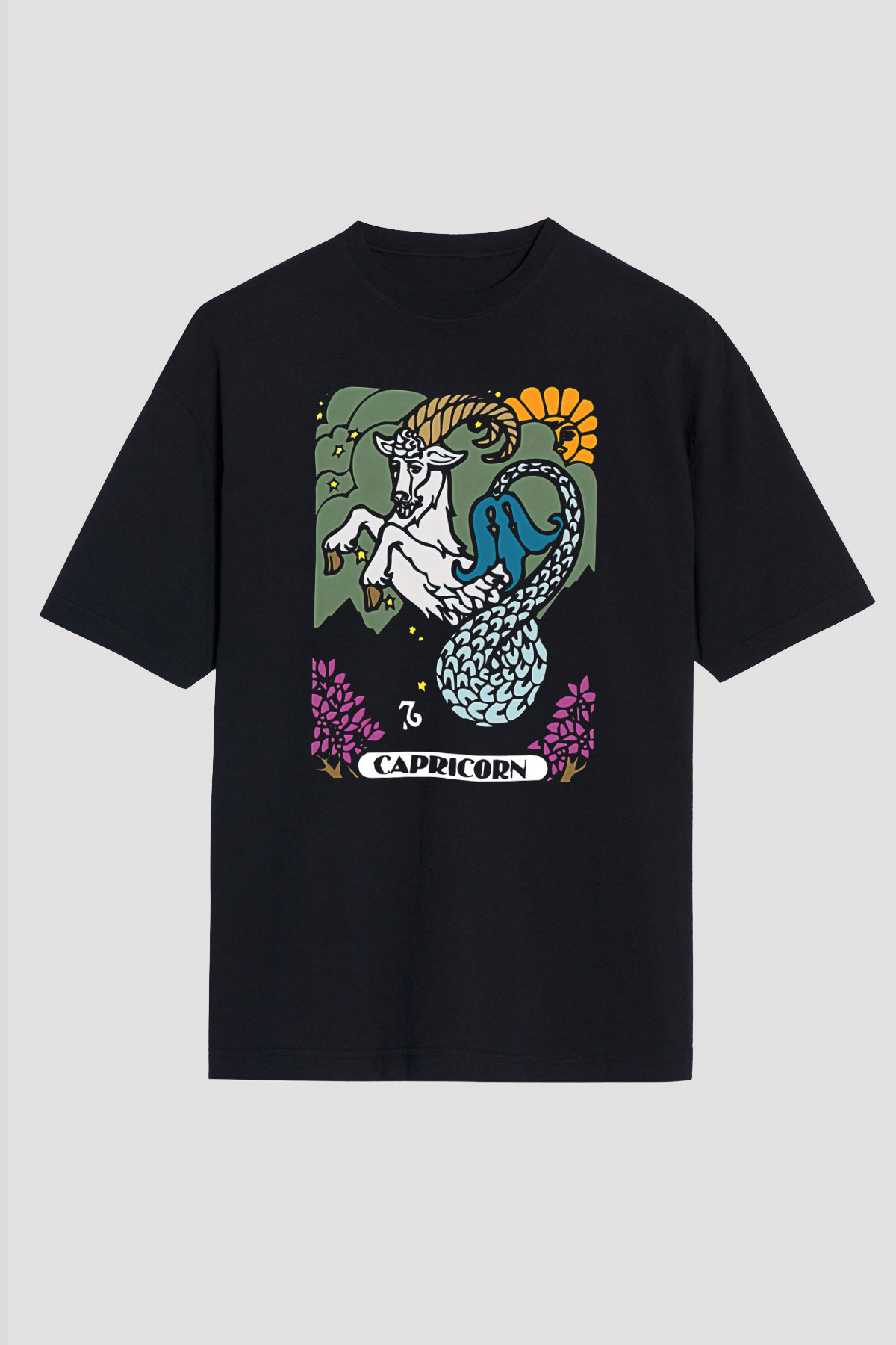 Oğlak Burcu Baskılı Unisex Siyah Oversize Tişört - Tshirt