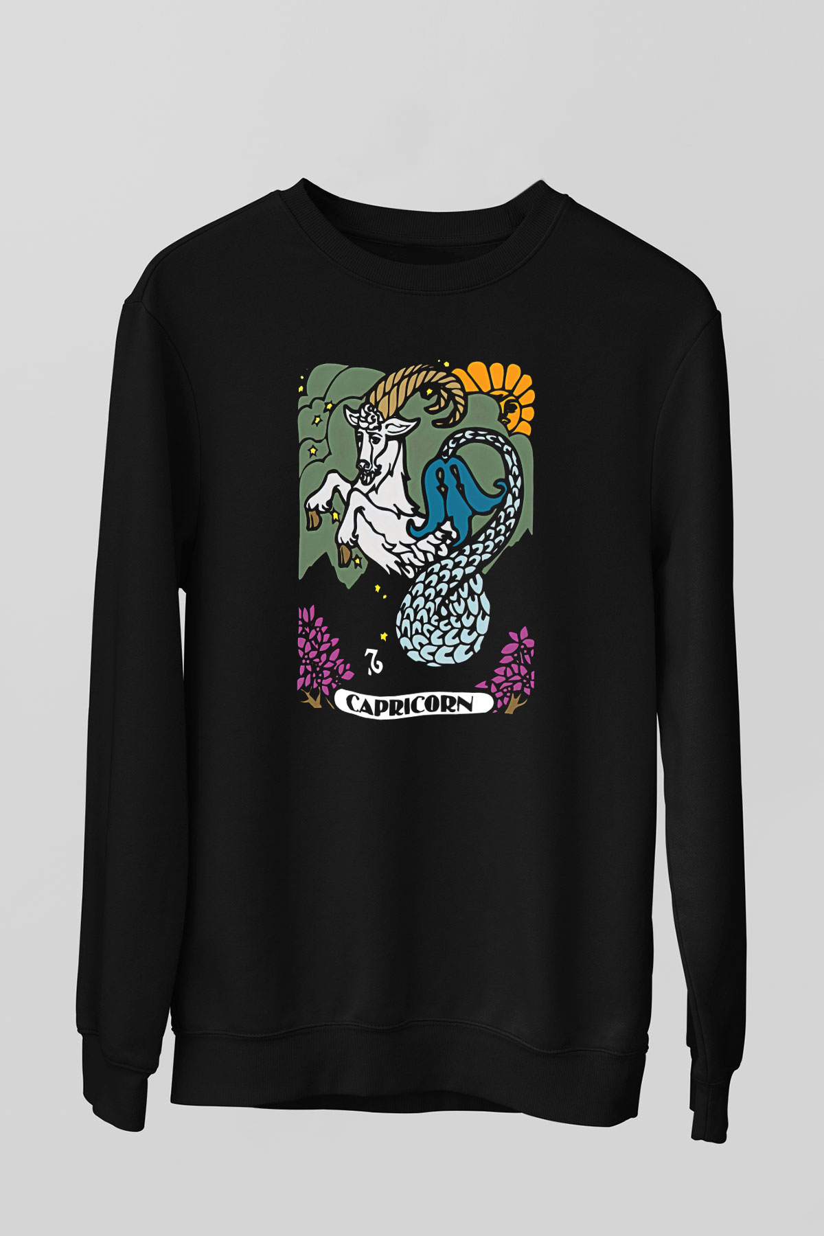 Oğlak Burcu Baskılı Unisex Siyah Sweatshirt