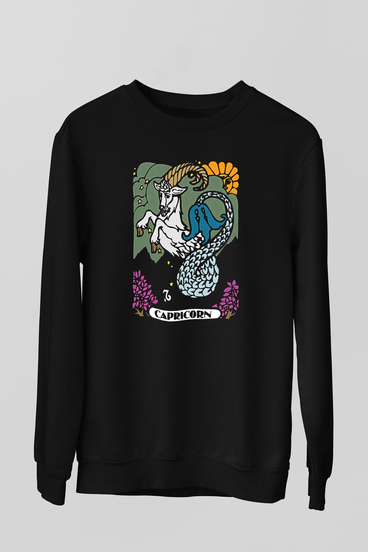 Oğlak Burcu Baskılı Unisex Siyah Sweatshirt