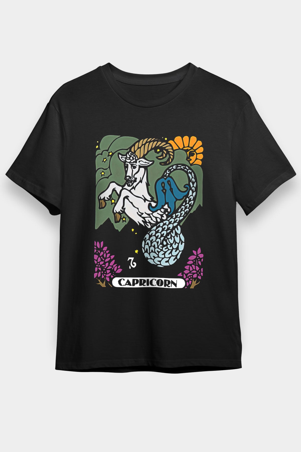 Oğlak Burcu Baskılı Unisex Siyah Tişört - Tshirt