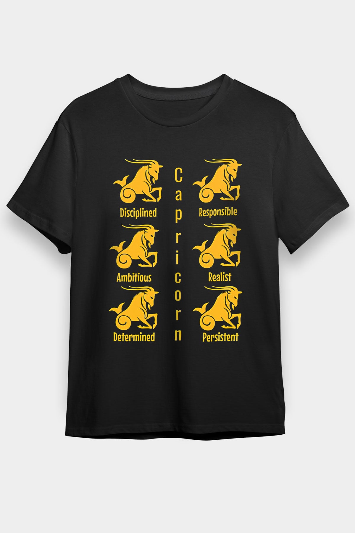 Oğlak Burcu Baskılı Unisex Siyah Tişört - Tshirt