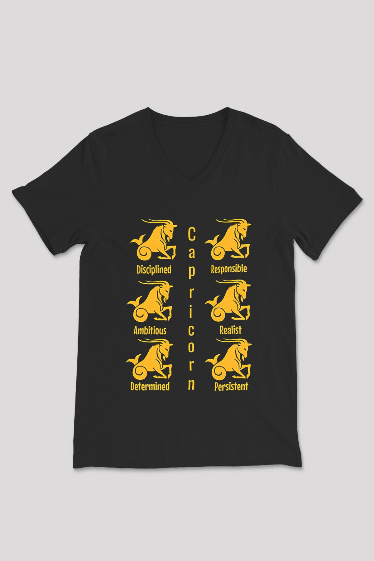 Oğlak Burcu Baskılı Unisex Siyah V Yaka Tişört - Tshirt