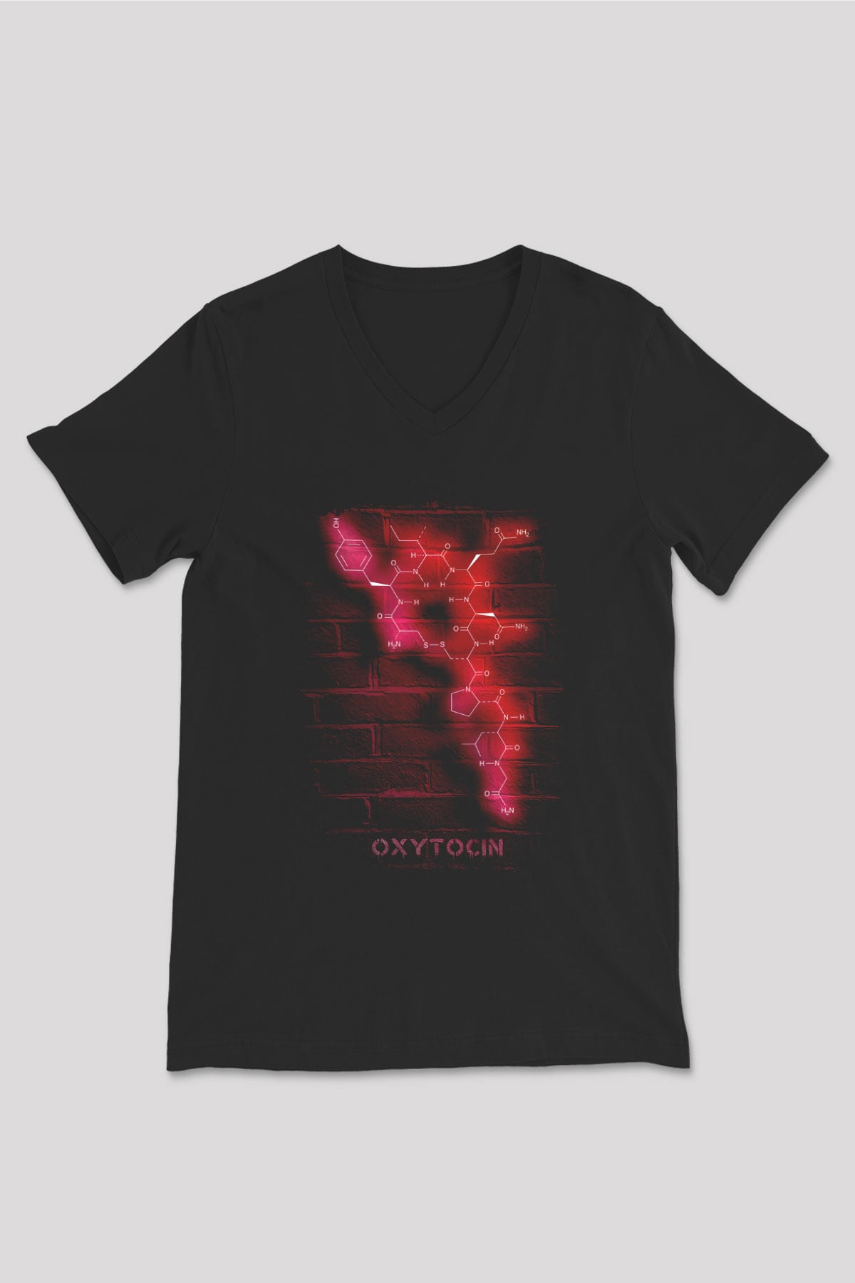 Oksitosin Molekülü Neon Baskılı Unisex V Yaka Siyah Tİşört - Tshirt