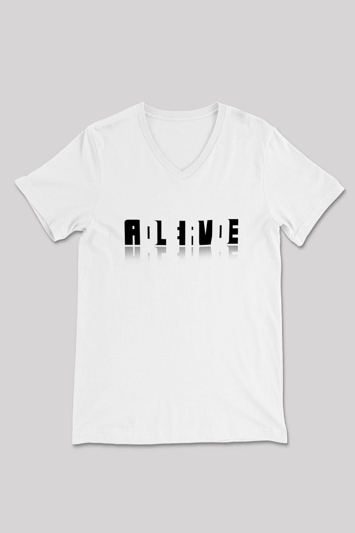 Ölü Canlı Süperpozisyon Baskılı Unisex V Yaka Beyaz Tişört - Tshirt