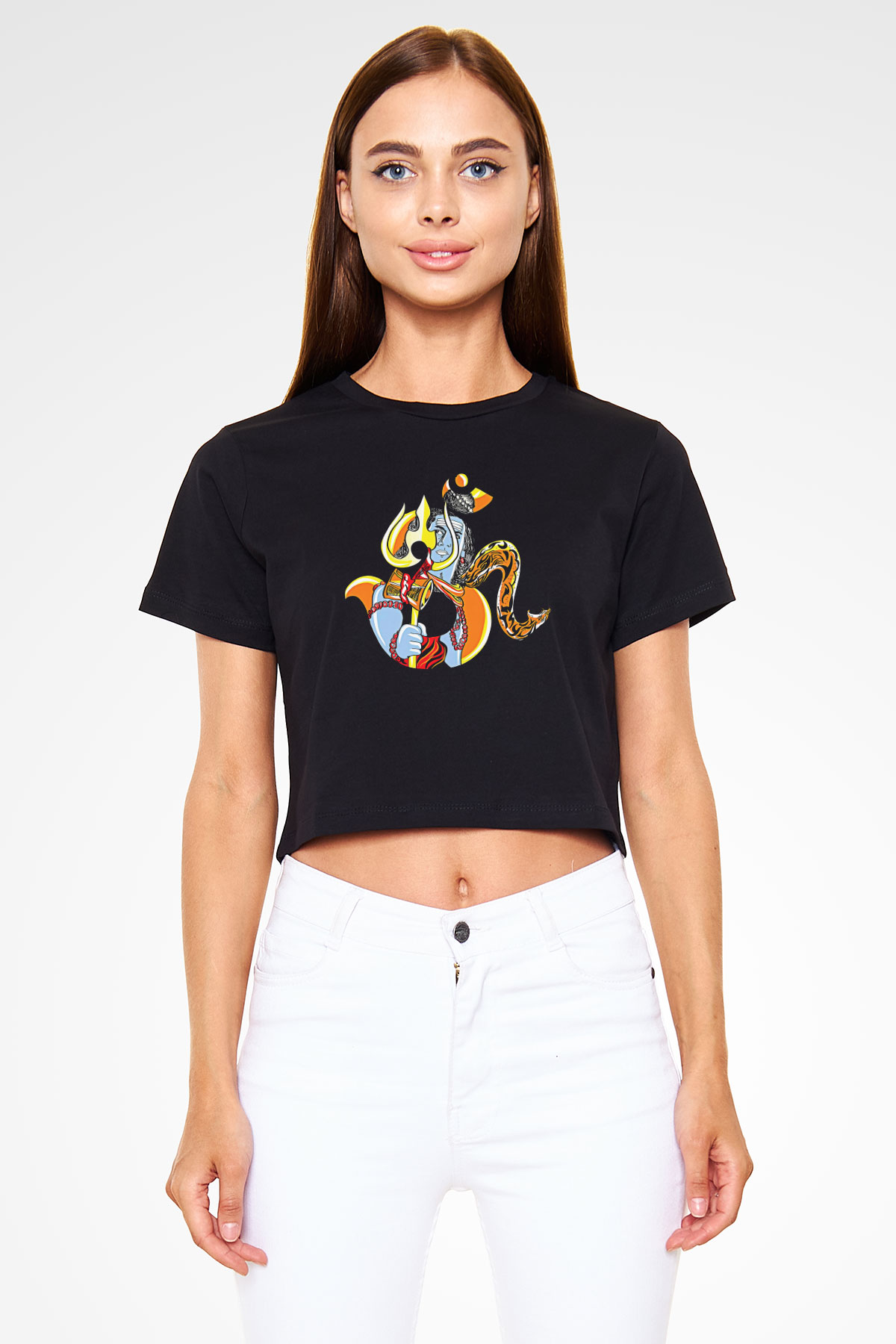 Om Baskılı Siyah Crop Top Kadın Tişört - Tshirt