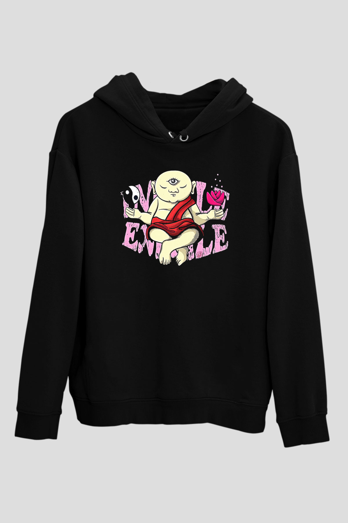Om Baskılı Unisex Siyah Kapüşonlu Sweatshirt