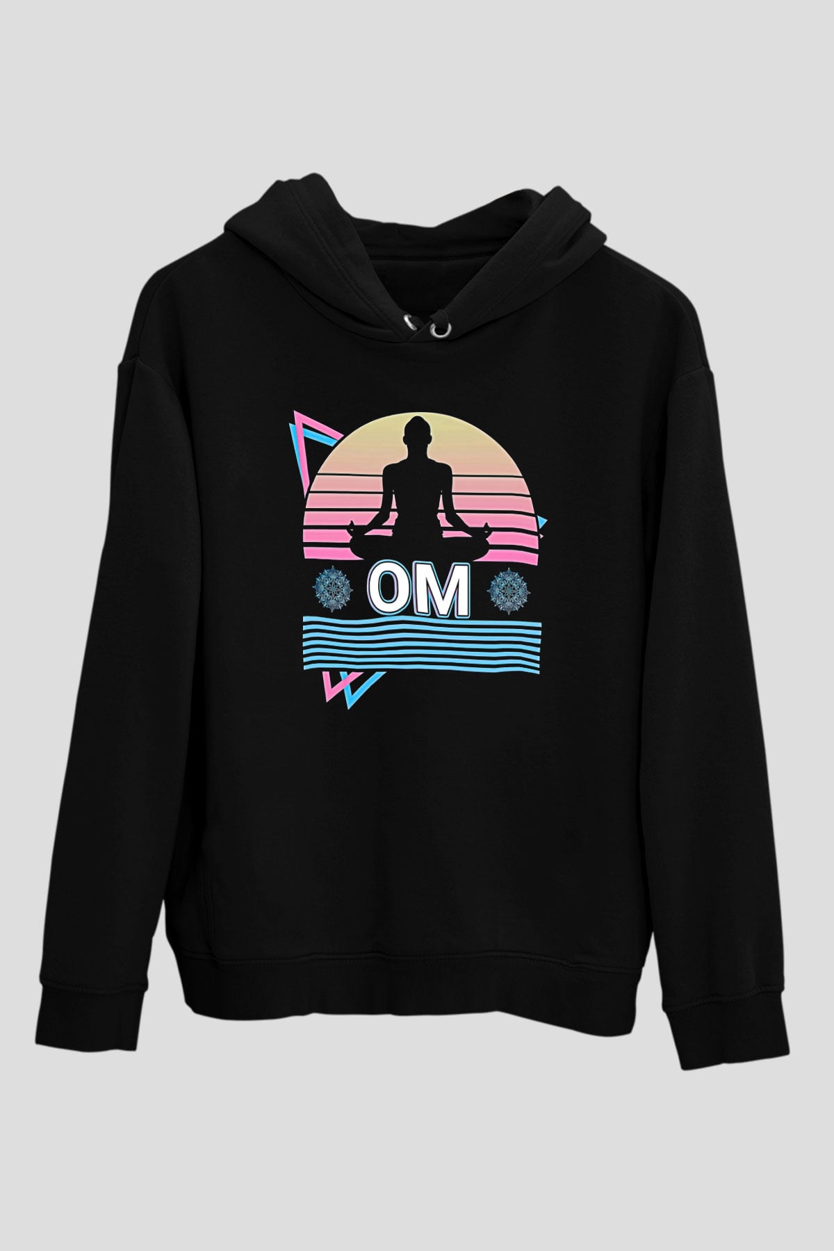 Om Baskılı Unisex Siyah Kapüşonlu Sweatshirt