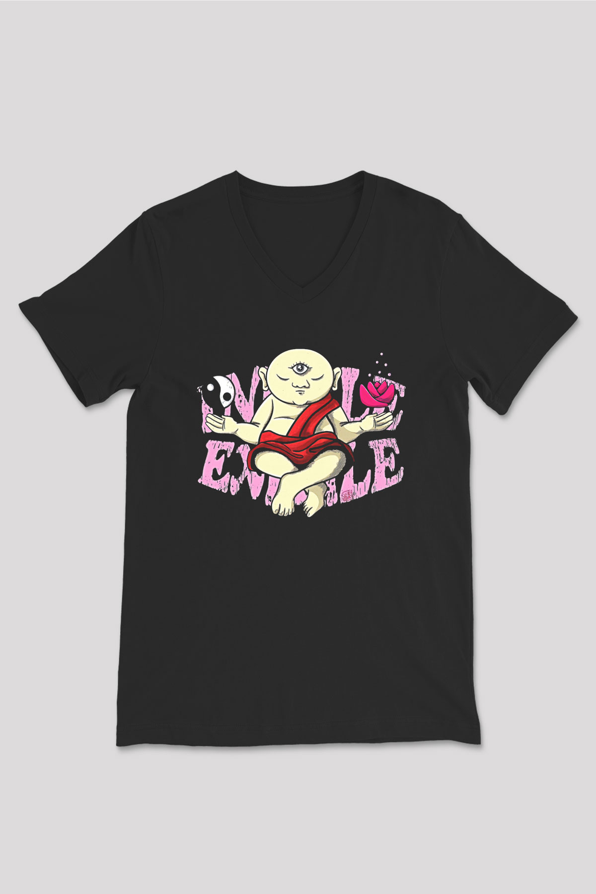 Om Baskılı Unisex Siyah V Yaka Tişört - Tshirt
