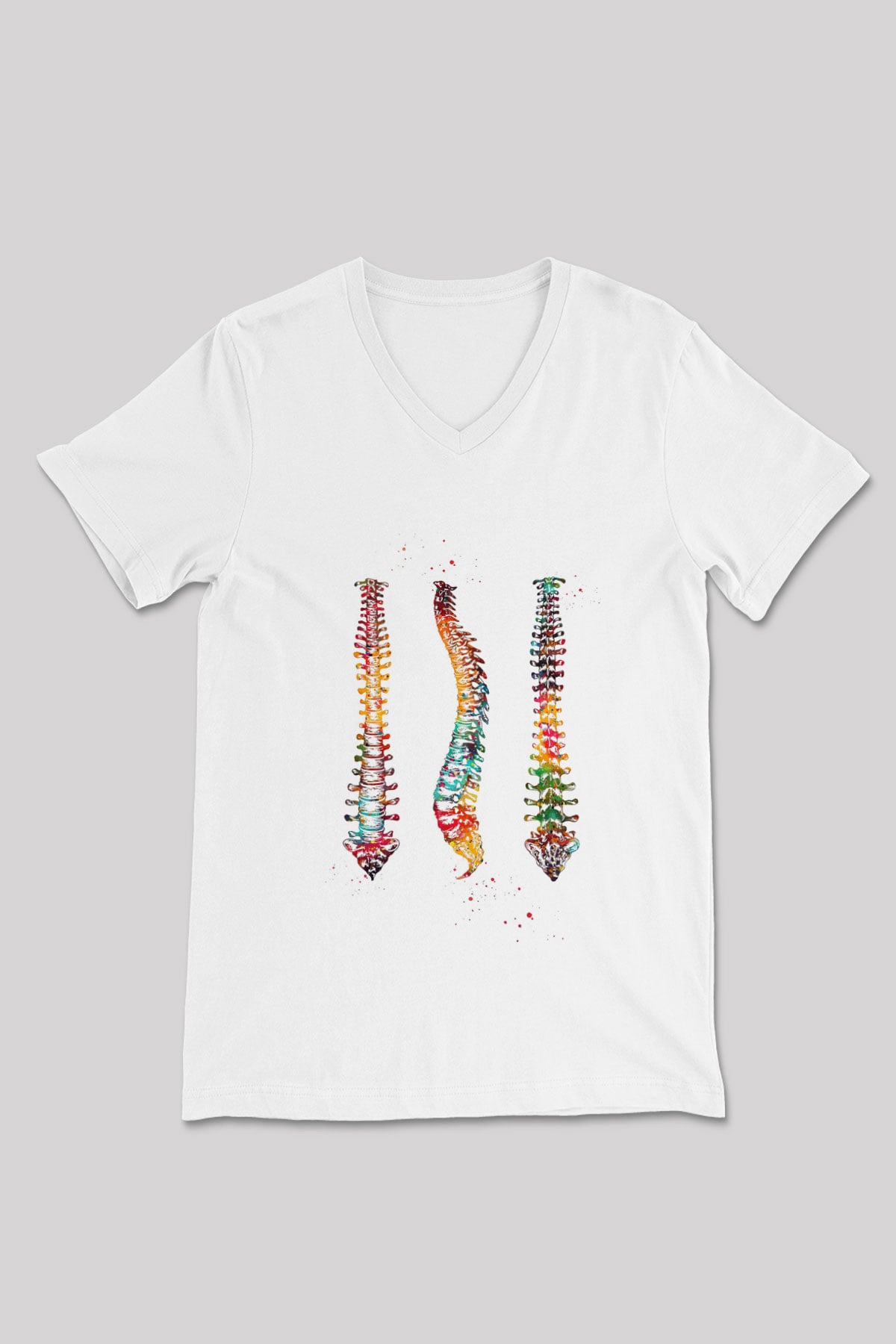 Omurga Renkli Baskılı Unisex V Yaka Beyaz Tişört - Tshirt