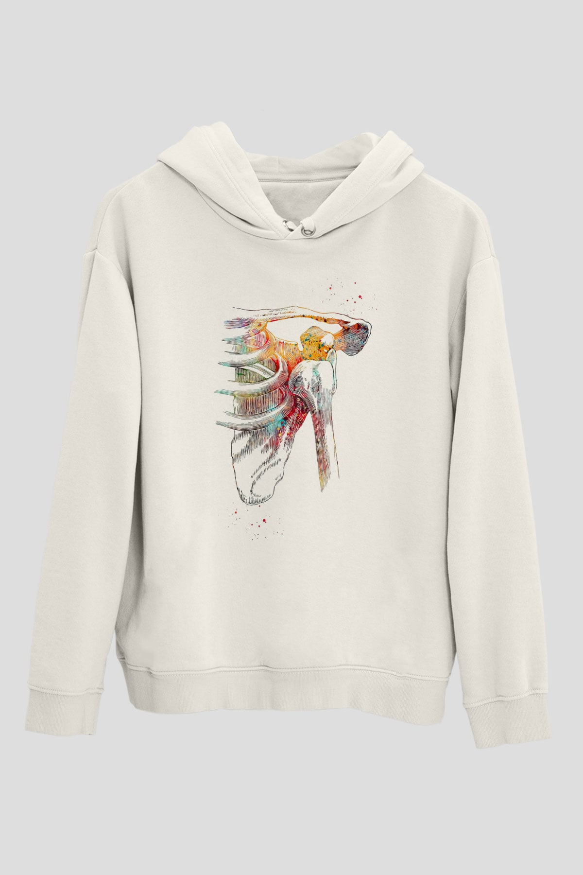 Omuz Çıkığı Baskılı Unisex Ekru Hoodie