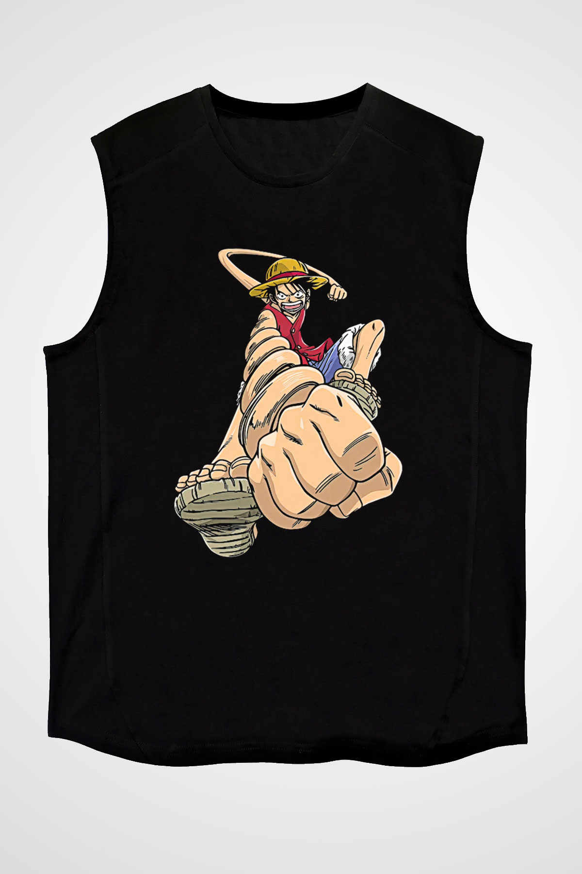 One Piece Baskılı Unisex Siyah Kolsuz Tişört - Tshirt