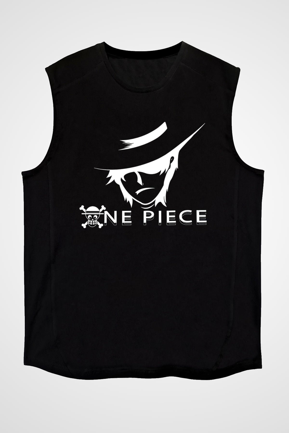 One Piece Baskılı Unisex Siyah Kolsuz Tişört - Tshirt