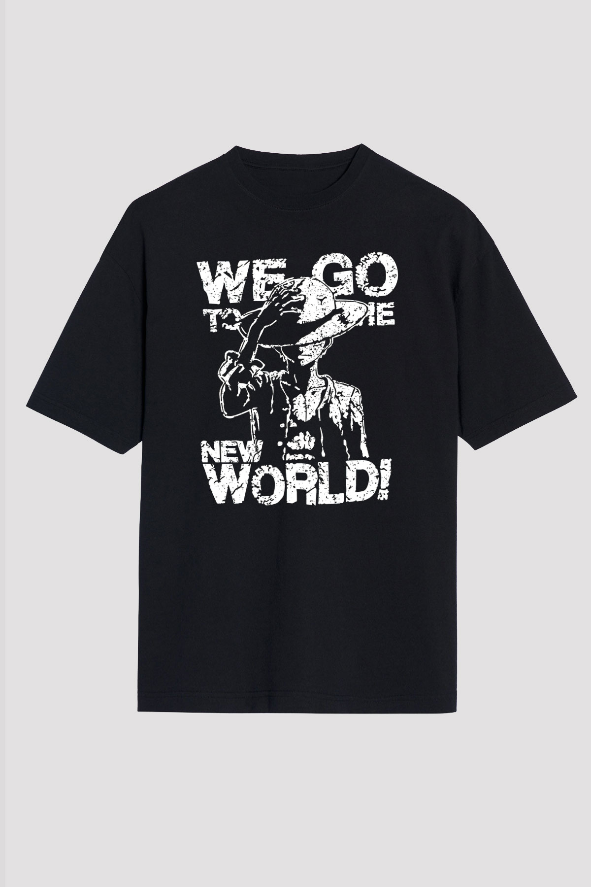 One Piece Baskılı Unisex Siyah Oversize Tişört - Tshirt