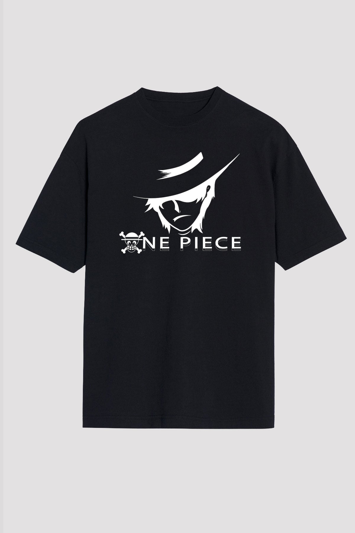 One Piece Baskılı Unisex Siyah Oversize Tişört - Tshirt