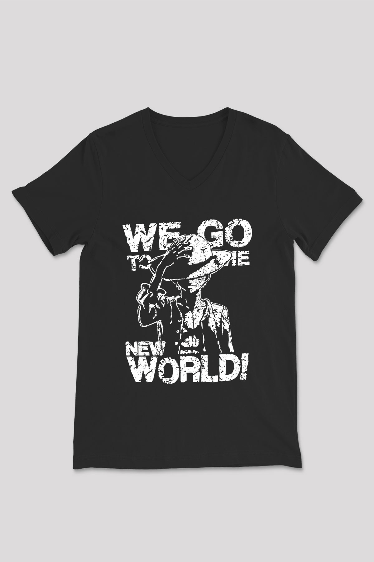 One Piece Baskılı Unisex Siyah V Yaka Tişört - Tshirt