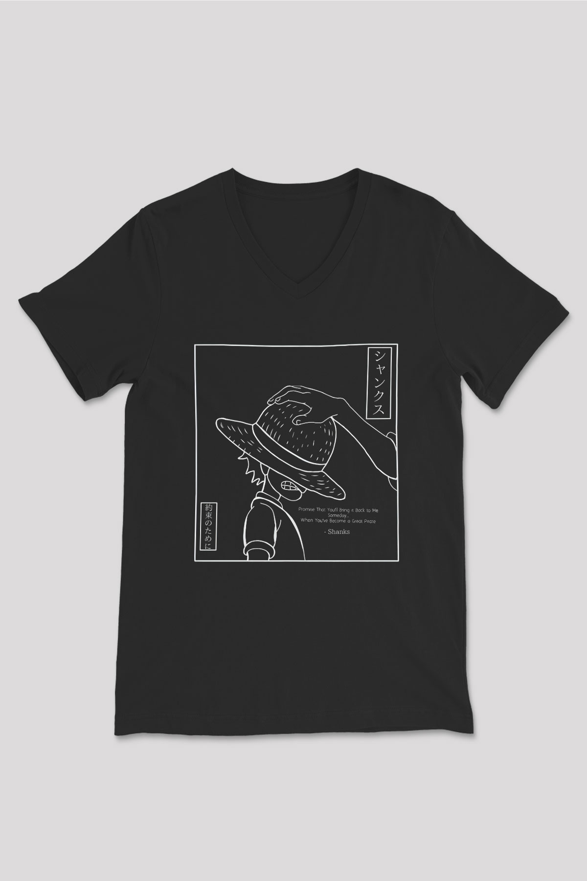 One Piece Baskılı Unisex Siyah V Yaka Tişört - Tshirt