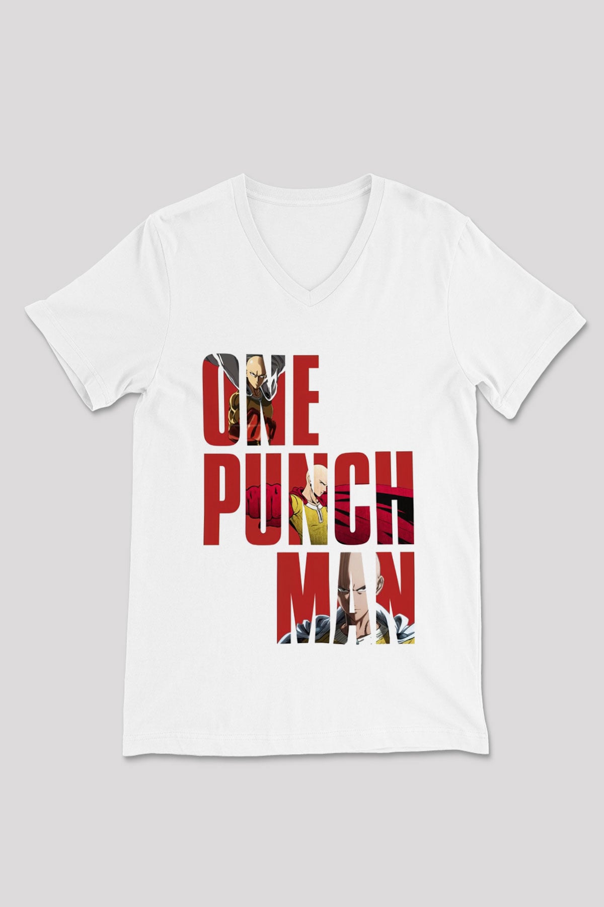 One Punch Man Beyaz Unisex V Yaka Tişört T-Shirt