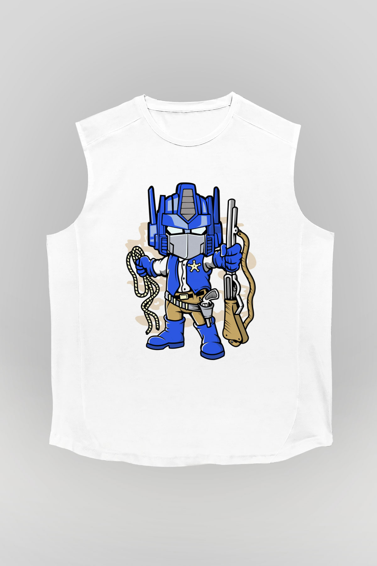 Optimus Cowboy Baskılı Beyaz Unisex Kolsuz Tişört