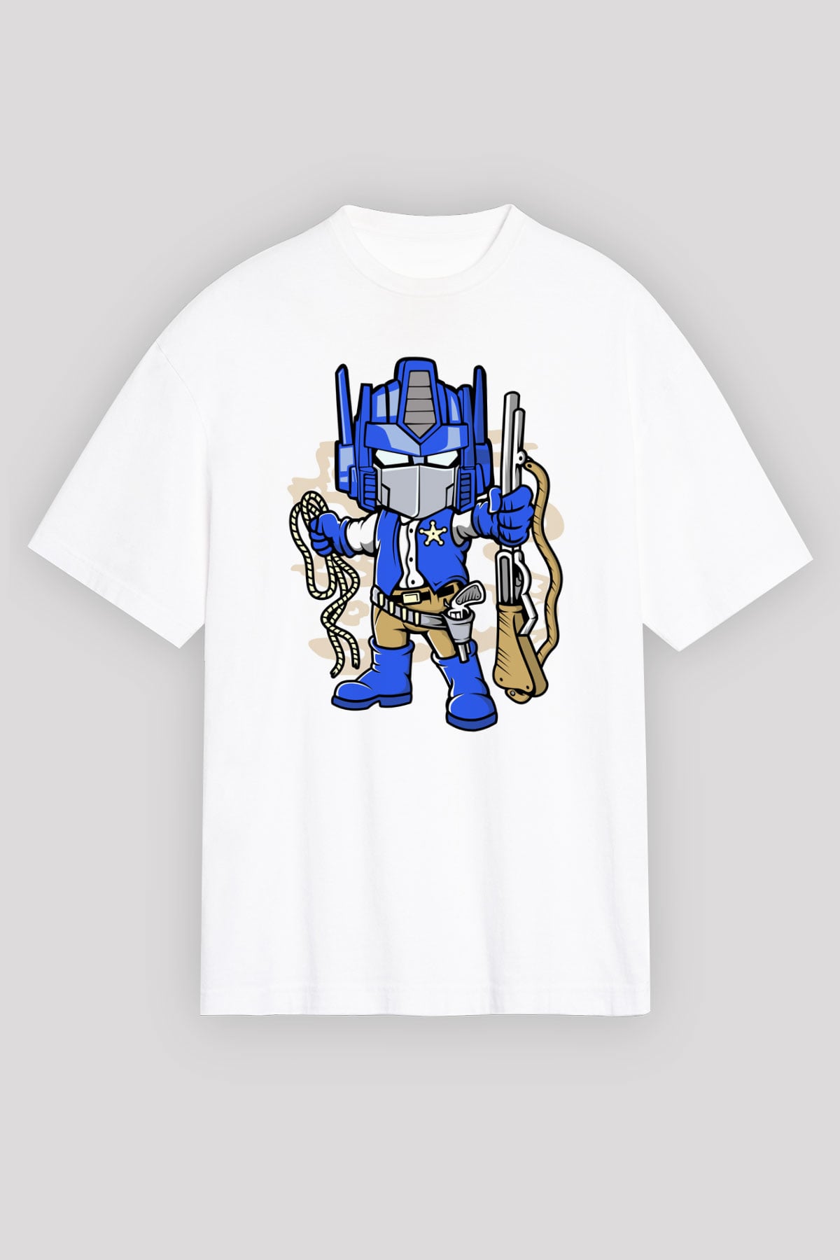 Optimus Cowboy Baskılı Beyaz Unisex Oversize Tişört
