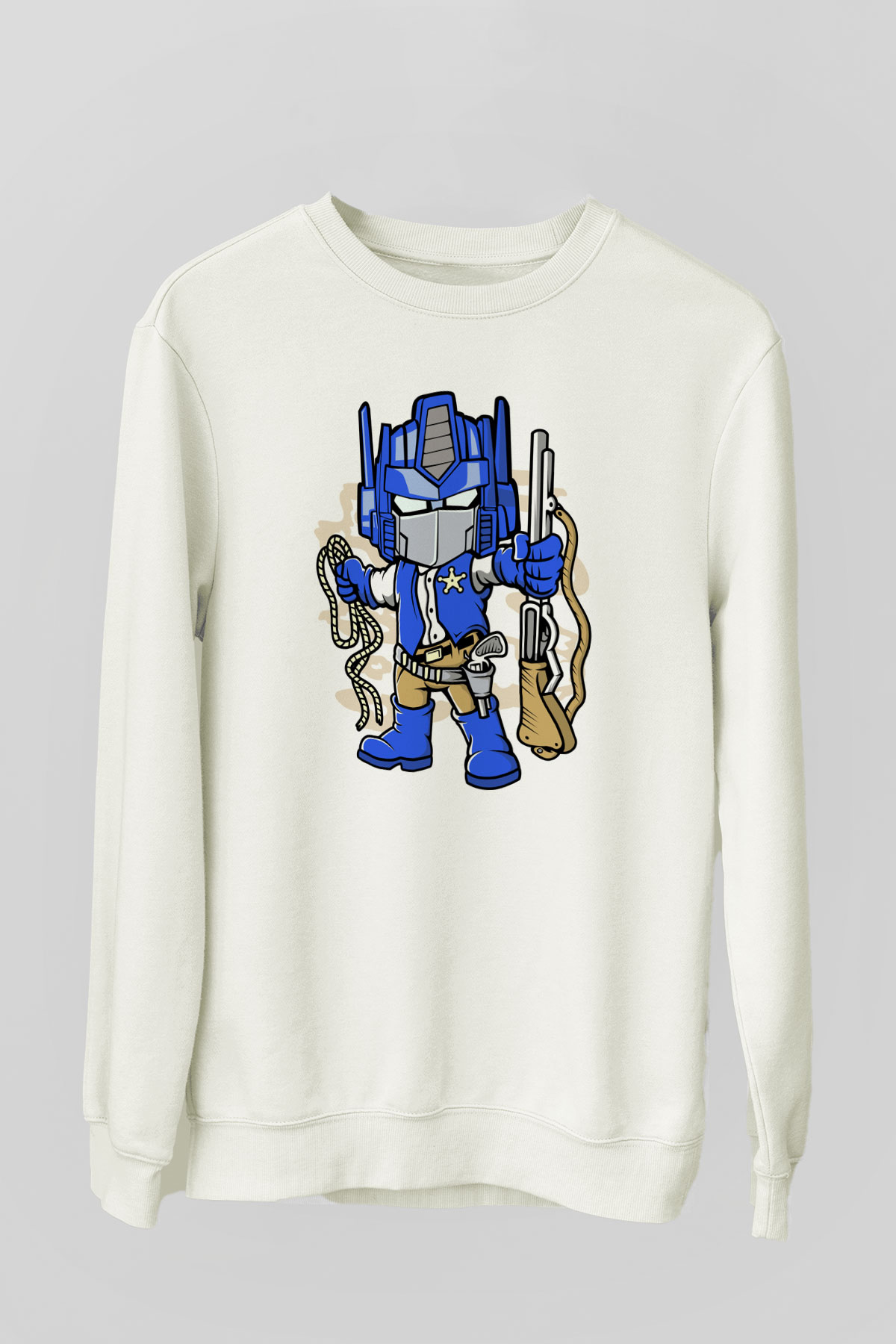 Optimus Cowboy Baskılı Beyaz Unisex Sweatshirt