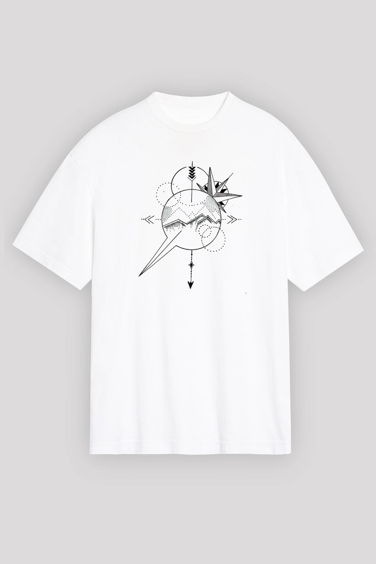 Orienteering Baskılı Unisex Beyaz Oversize Tişört - Tshirt