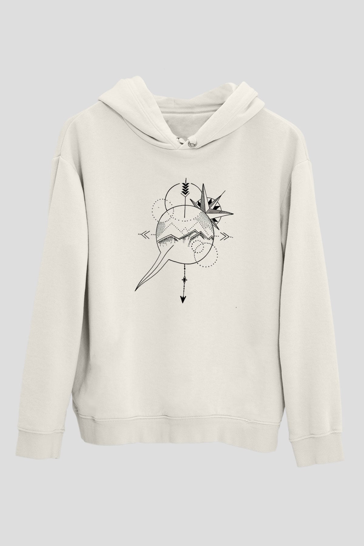 Orienteering Baskılı Unisex Ekru Hoodie