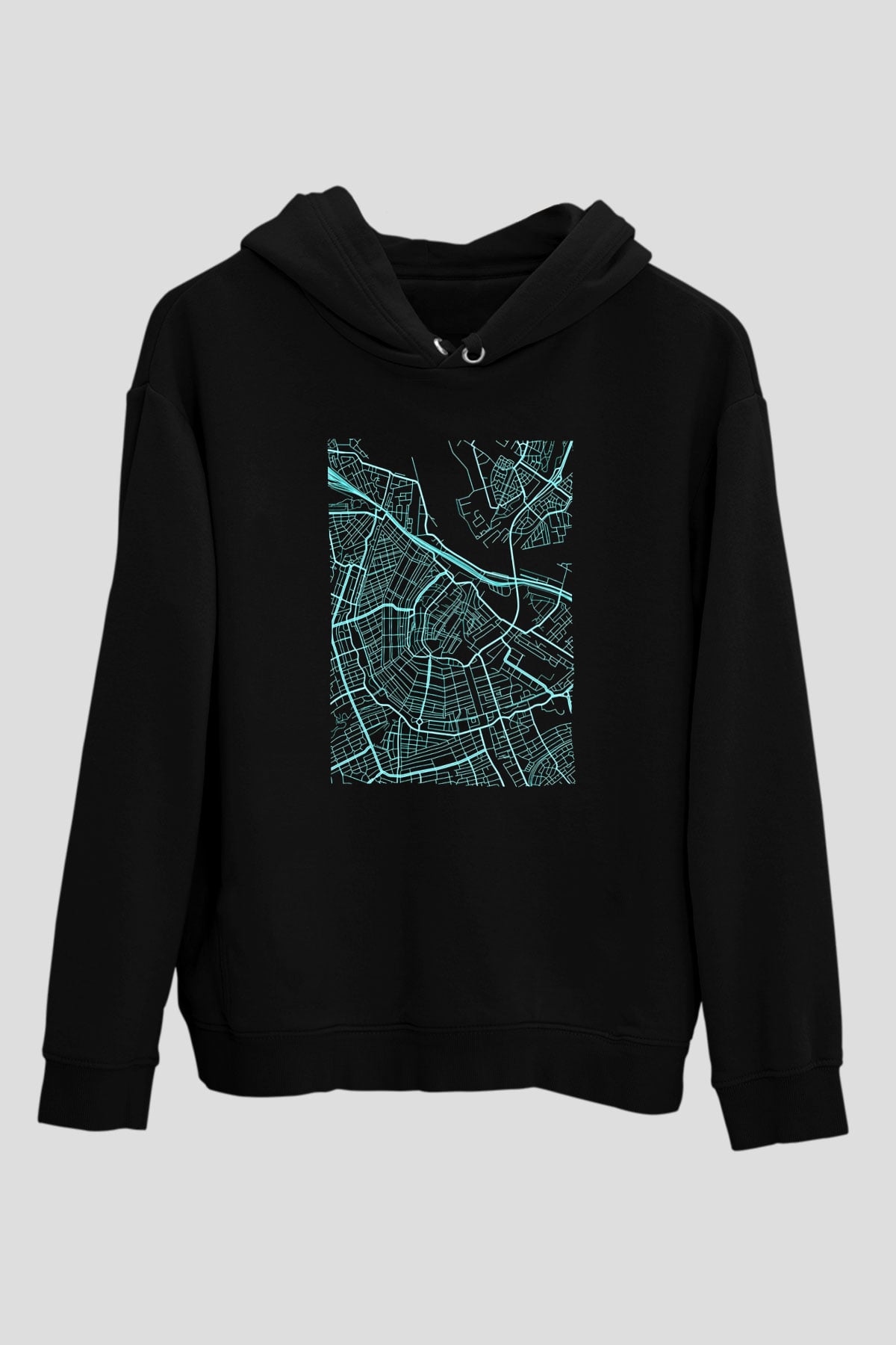 Orienteering Baskılı Unisex Siyah Kapüşonlu Sweatshirt