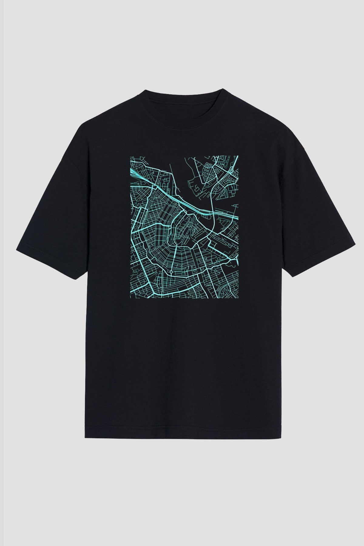 Orienteering Baskılı Unisex Siyah Oversize Tişört
