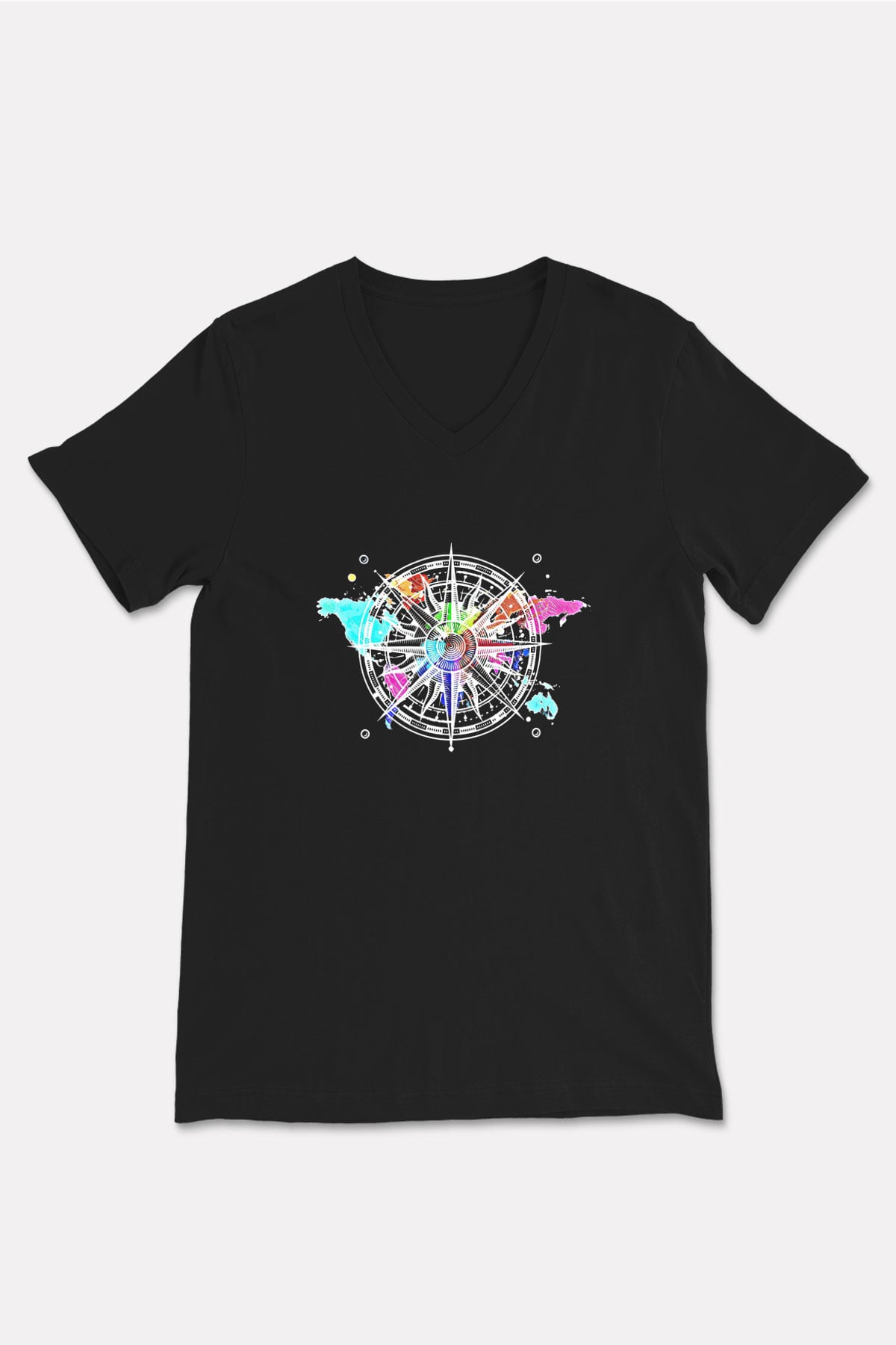 Orienteering Baskılı Unisex Siyah V Yaka Tişört