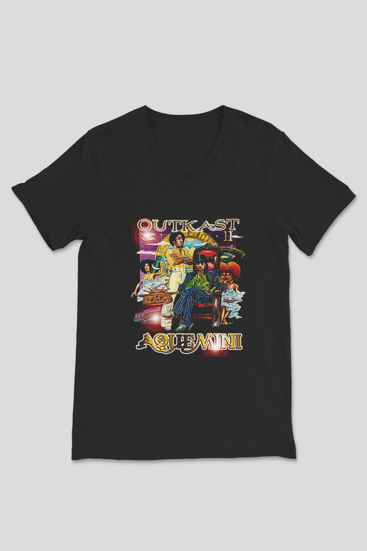 OutKast Baskılı Unisex Siyah V Yaka Tişört - Tshirt