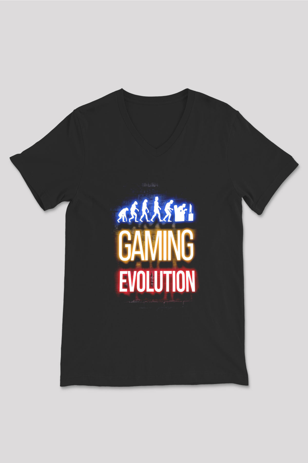 Oyuncu Evrimi Baskılı Unisex V Yaka Siyah Tİşört - Tshirt
