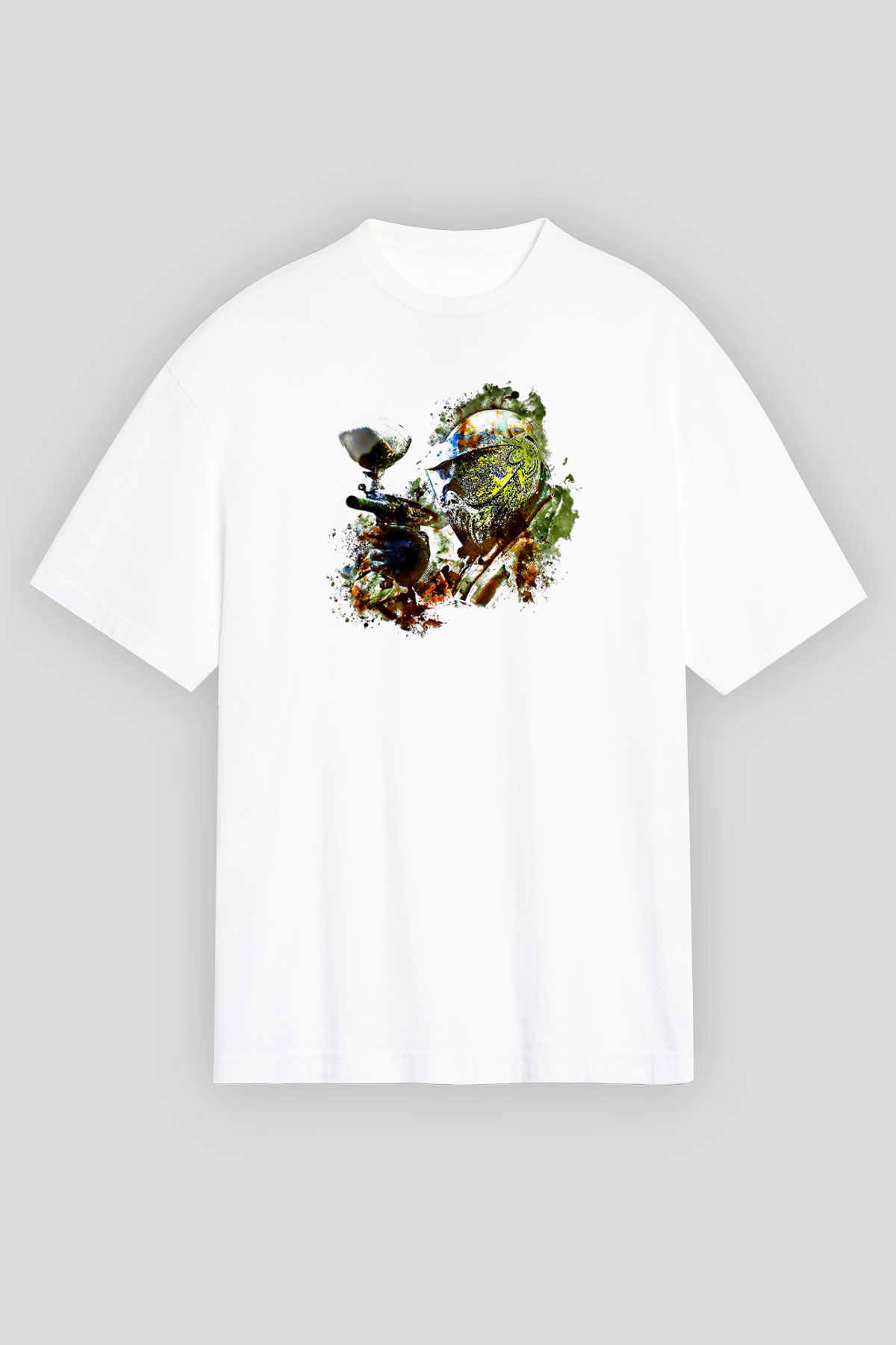 Paintball Baskılı Unisex Beyaz Oversize Tişört - Tshirt