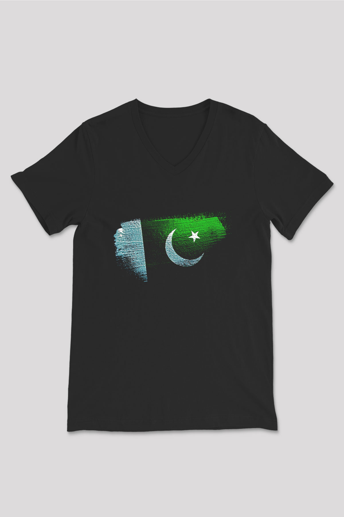 Pakistan Bayrağı Baskılı Unisex Siyah V Yaka Tişört