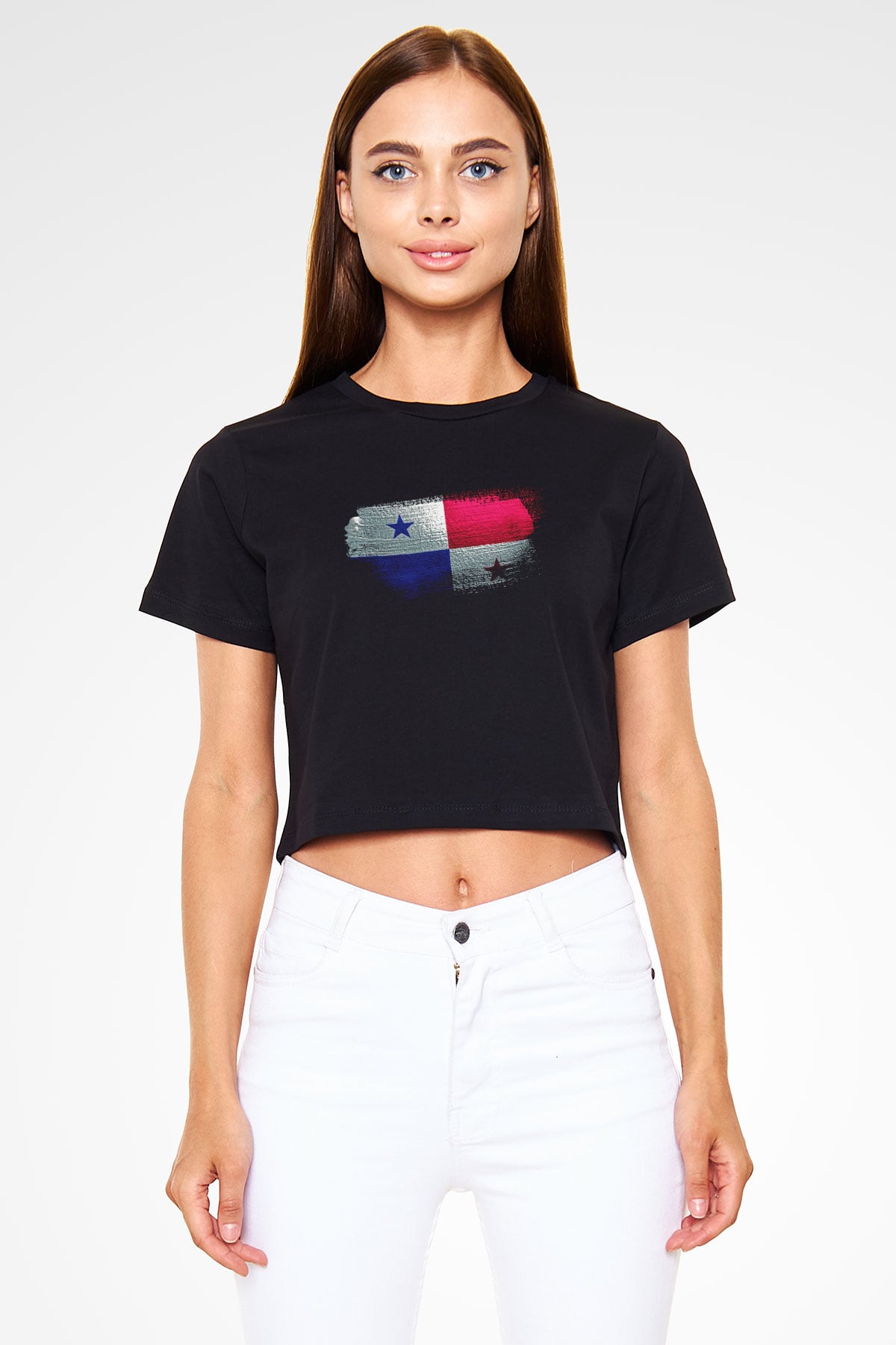Panama Bayrağı Baskılı Kadın Crop Top Siyah Tişört