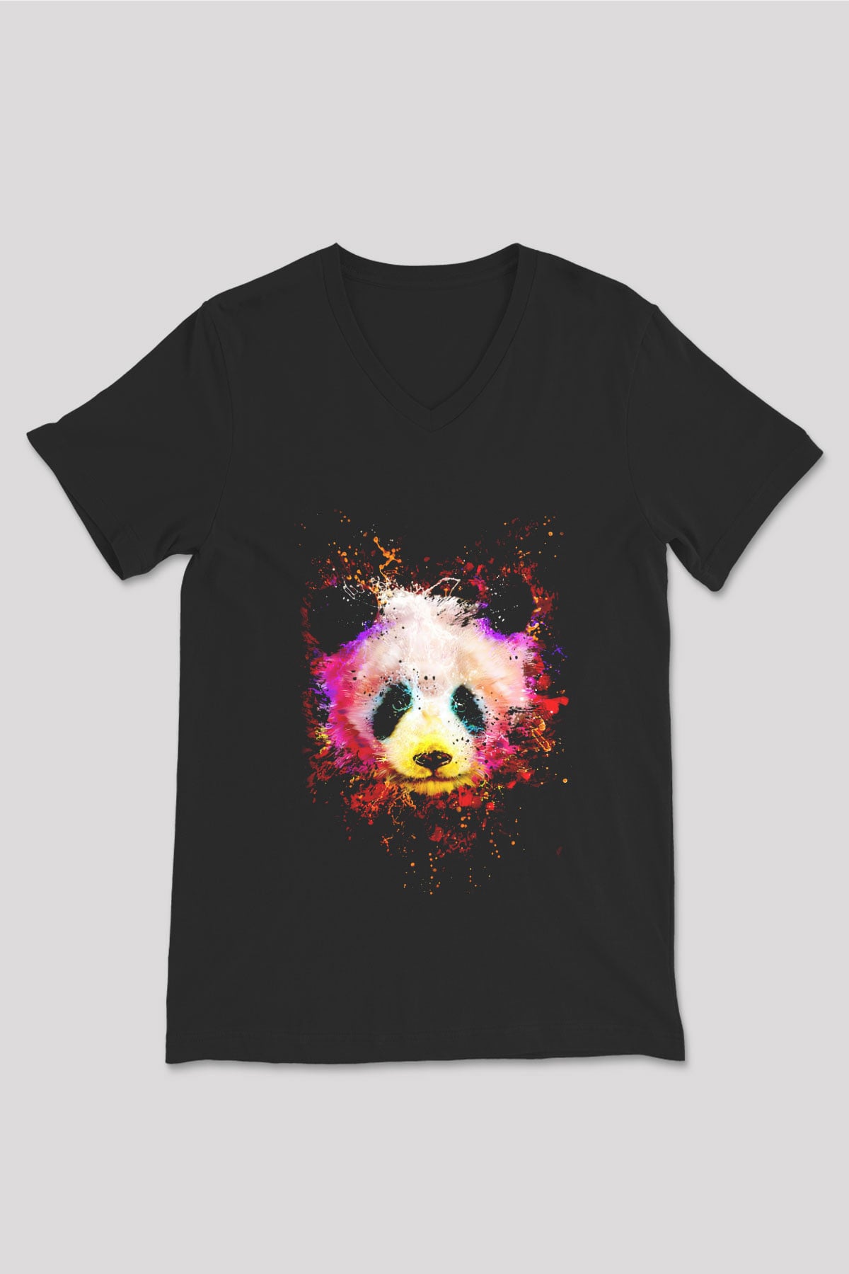 Panda Baskılı Unisex Siyah  V Yaka Tişört